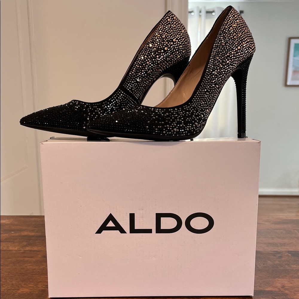 Aldo Kriss Black & Gold Rhinestone Embellished Heels